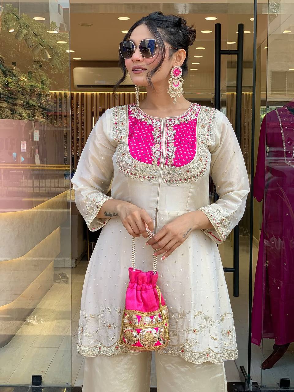 Cream Premium Roman Shimmer Silk Embroidery Suit Pink Yoke