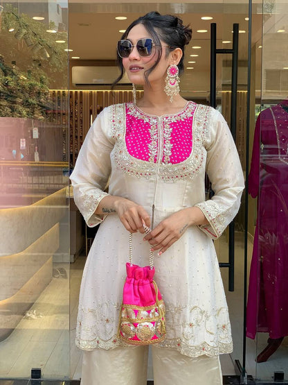 Cream Premium Roman Shimmer Silk Embroidery Suit Pink Yoke