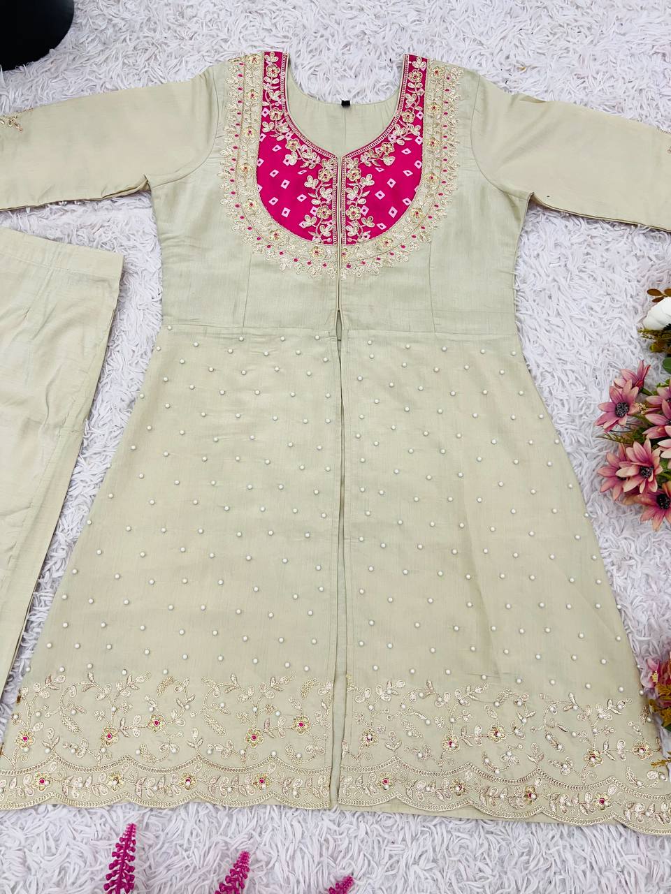 Cream Premium Roman Shimmer Silk Embroidery Suit Pink Yoke