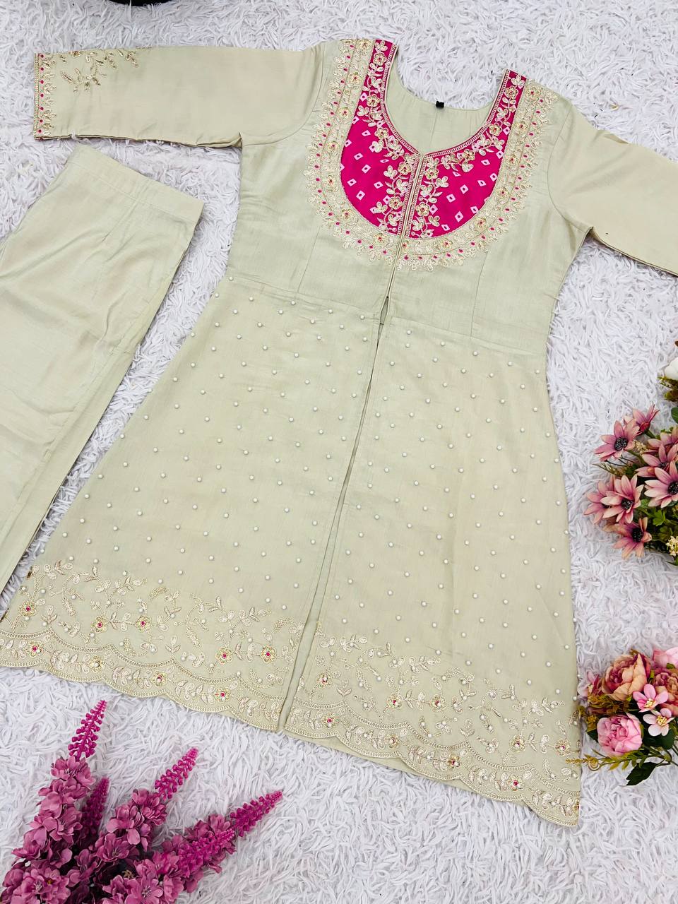 Cream Premium Roman Shimmer Silk Embroidery Suit Pink Yoke