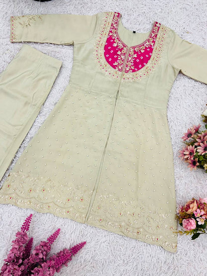 Cream Premium Roman Shimmer Silk Embroidery Suit Pink Yoke