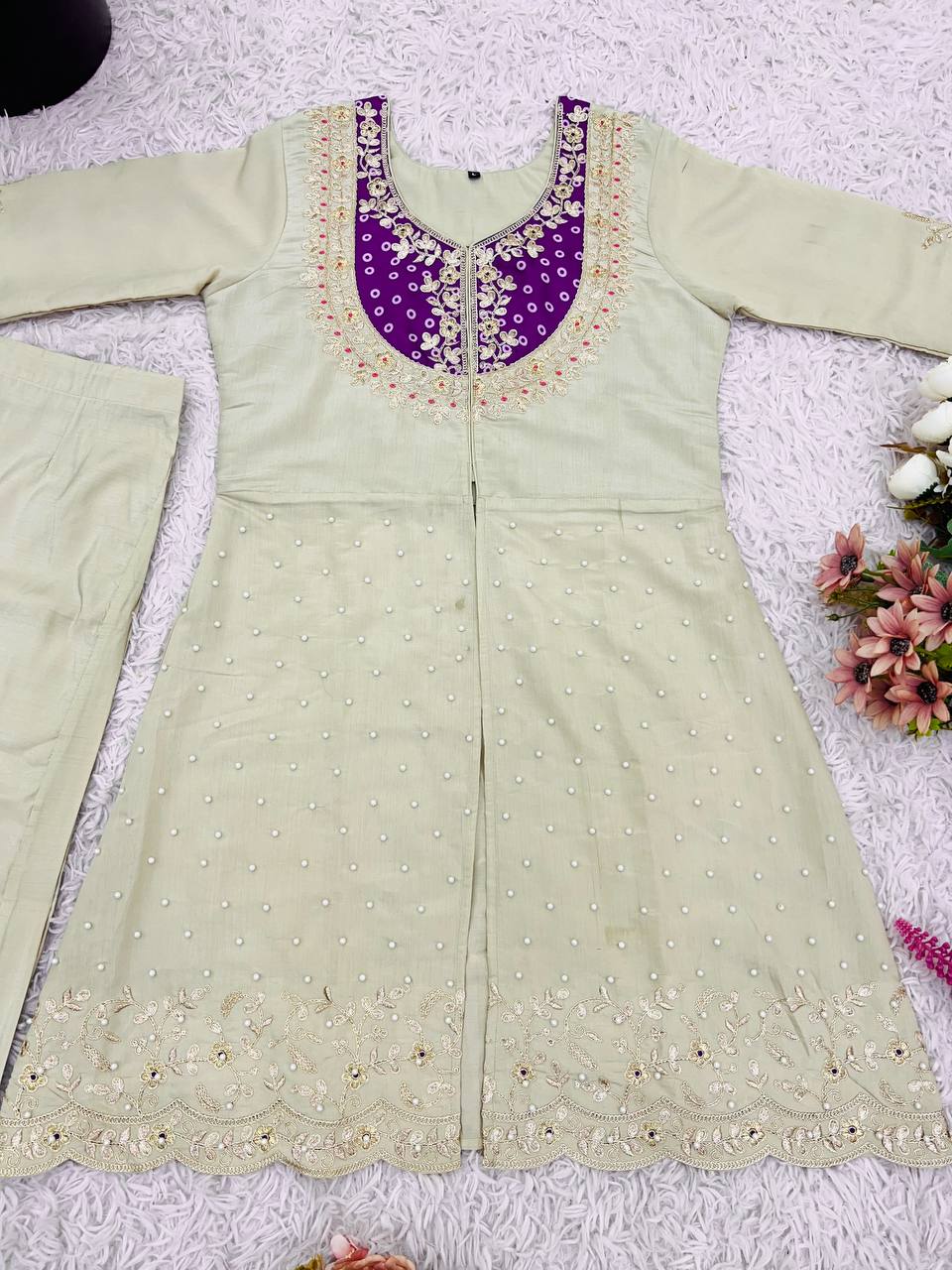 Cream Premium Roman Shimmer Silk Embroidery Suit Purple Yoke