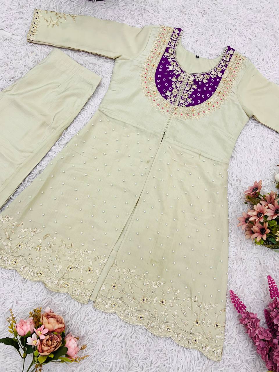Cream Premium Roman Shimmer Silk Embroidery Suit Purple Yoke