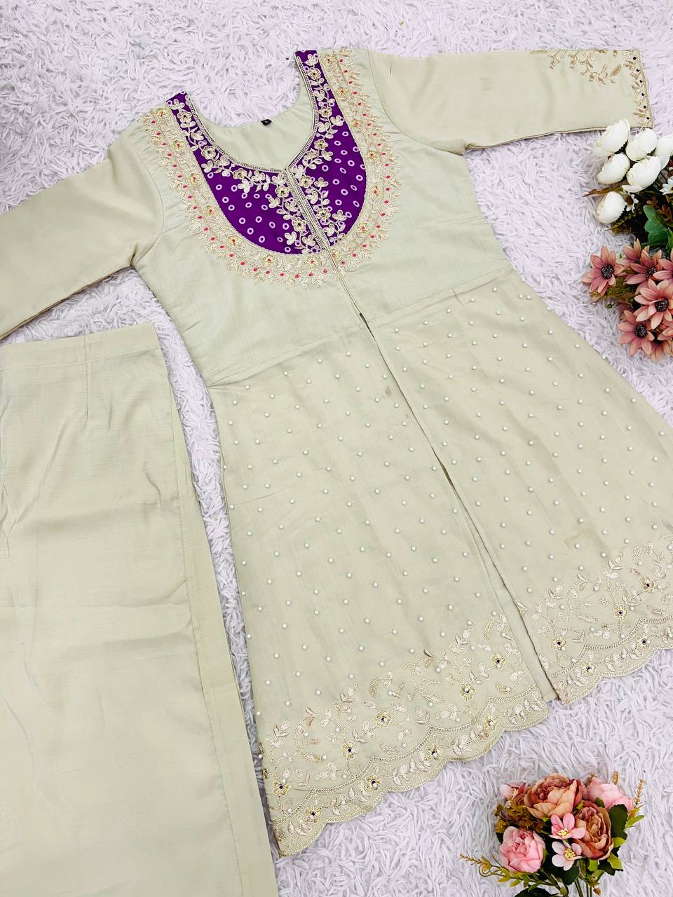Cream Premium Roman Shimmer Silk Embroidery Suit Purple Yoke