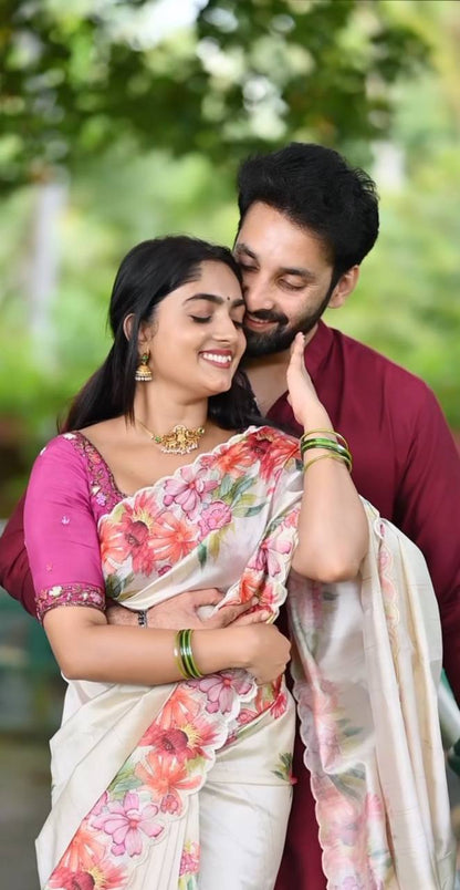 Cream Soft Slub Cotton Silk Saree with Embroidered Sequins Blouse