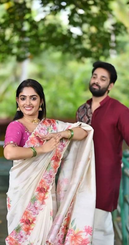 Cream Soft Slub Cotton Silk Saree with Embroidered Sequins Blouse