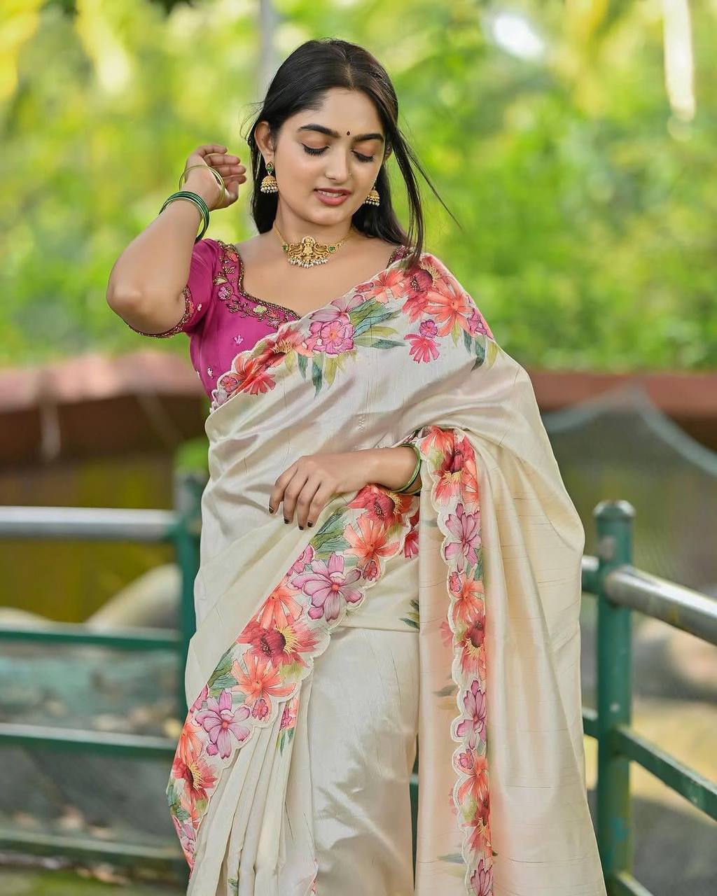 Cream Soft Slub Cotton Silk Saree with Embroidered Sequins Blouse
