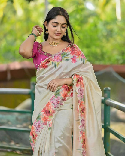 Cream Soft Slub Cotton Silk Saree with Embroidered Sequins Blouse