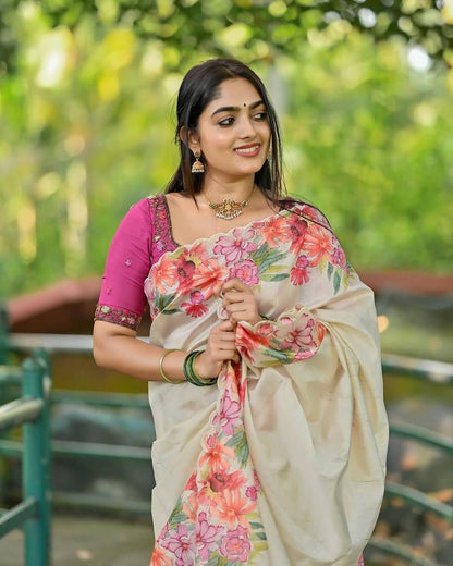 Cream Soft Slub Cotton Silk Saree with Embroidered Sequins Blouse