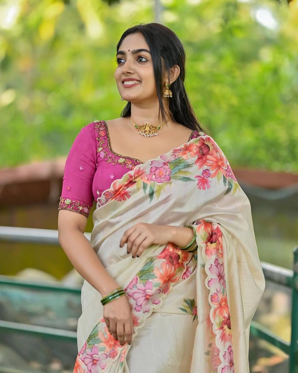 Cream Soft Slub Cotton Silk Saree with Embroidered Sequins Blouse