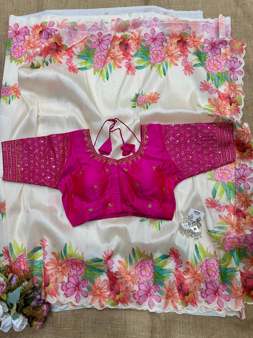 Cream Soft Slub Cotton Silk Saree with Embroidered Sequins Blouse