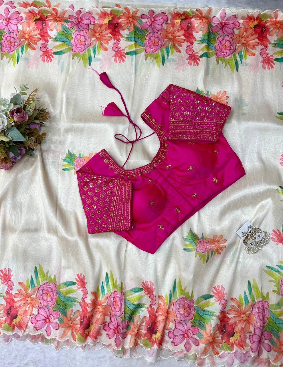 Cream Soft Slub Cotton Silk Saree with Embroidered Sequins Blouse