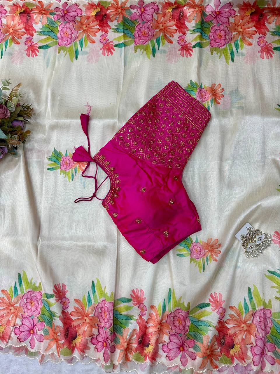 Cream Soft Slub Cotton Silk Saree with Embroidered Sequins Blouse