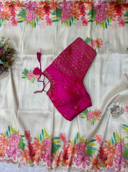 Cream Soft Slub Cotton Silk Saree with Embroidered Sequins Blouse