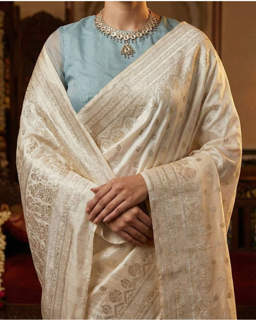 Cream Traditional Kanchipuram Silk Saree with Rich Zari Weaving Border