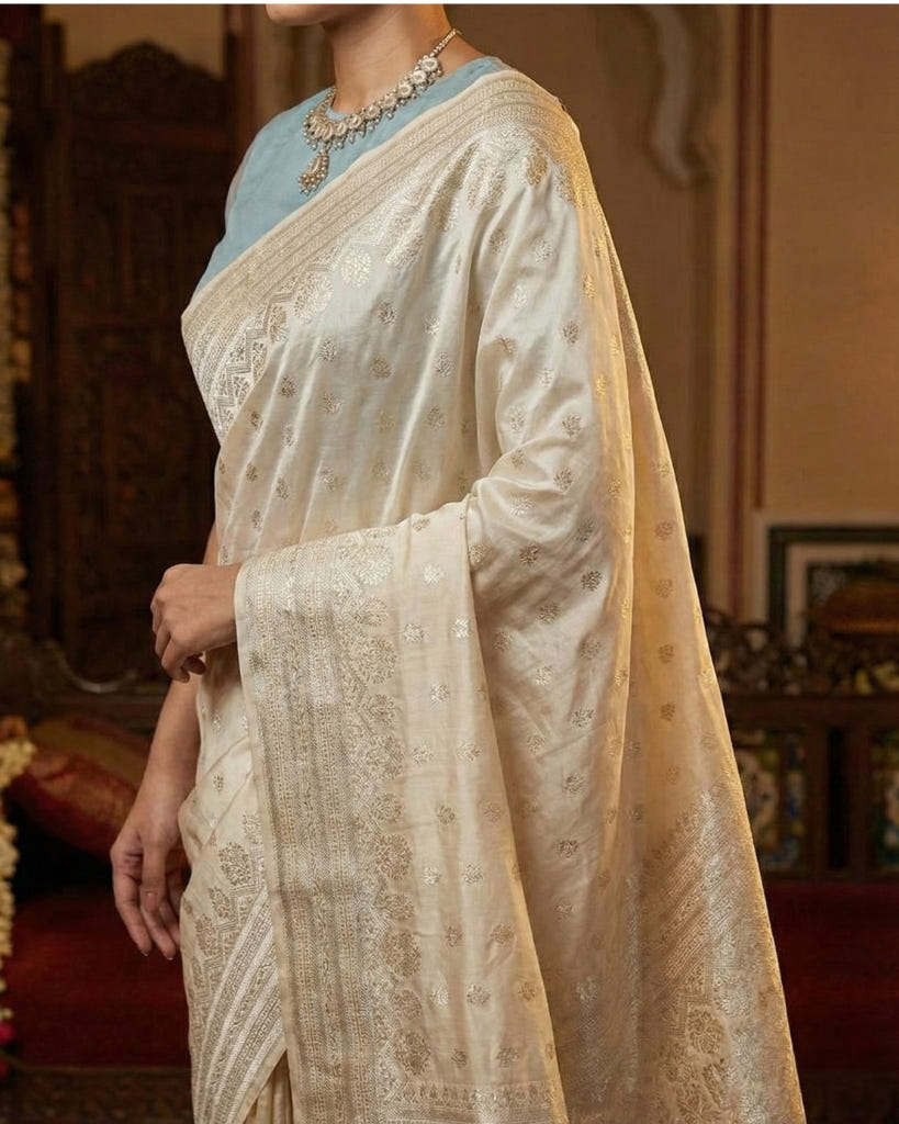 Cream Traditional Kanchipuram Silk Saree with Rich Zari Weaving Border