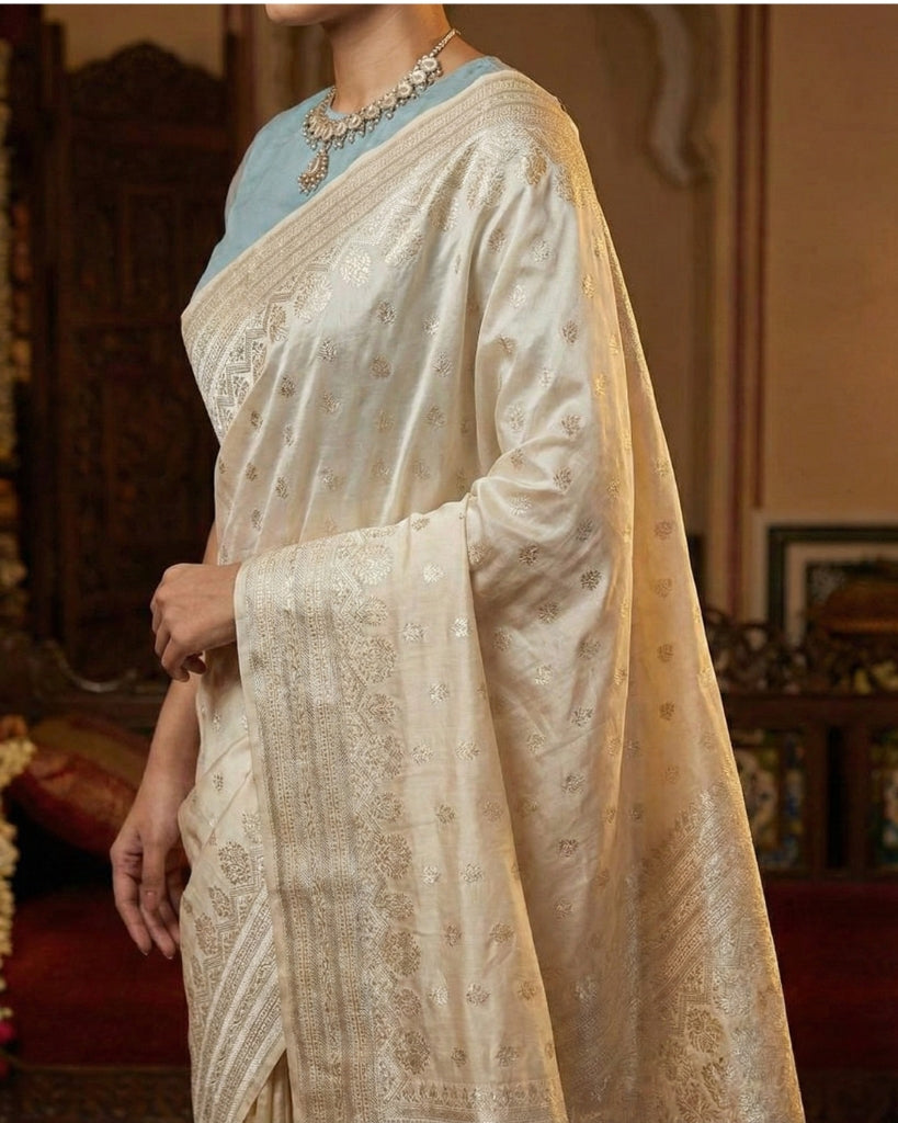 Cream Traditional Kanchipuram Silk Saree with Rich Zari Weaving Border