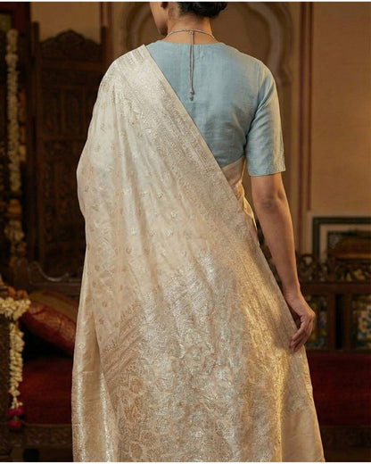 Cream Traditional Kanchipuram Silk Saree with Rich Zari Weaving Border