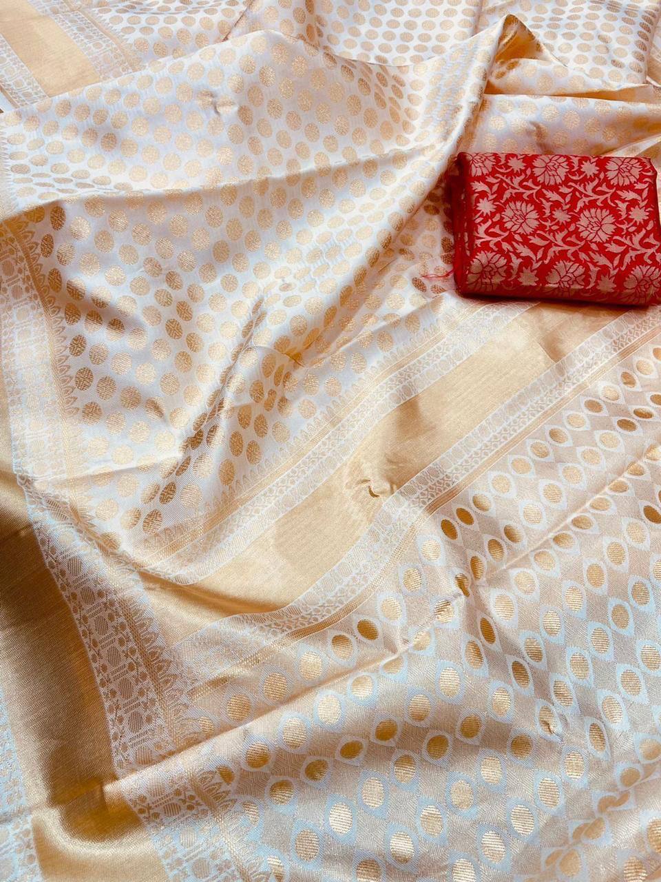 Cream Traditional Kanchipuram Weaving Saree with Red Woven Blouse