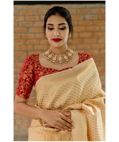 Cream Traditional Kanchipuram Weaving Saree with Red Woven Blouse