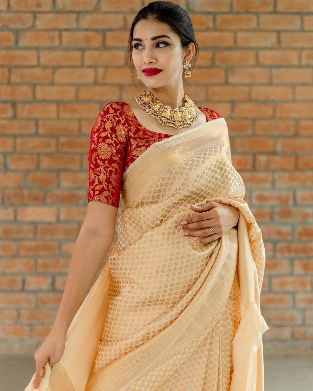 Cream Traditional Kanchipuram Weaving Saree with Red Woven Blouse