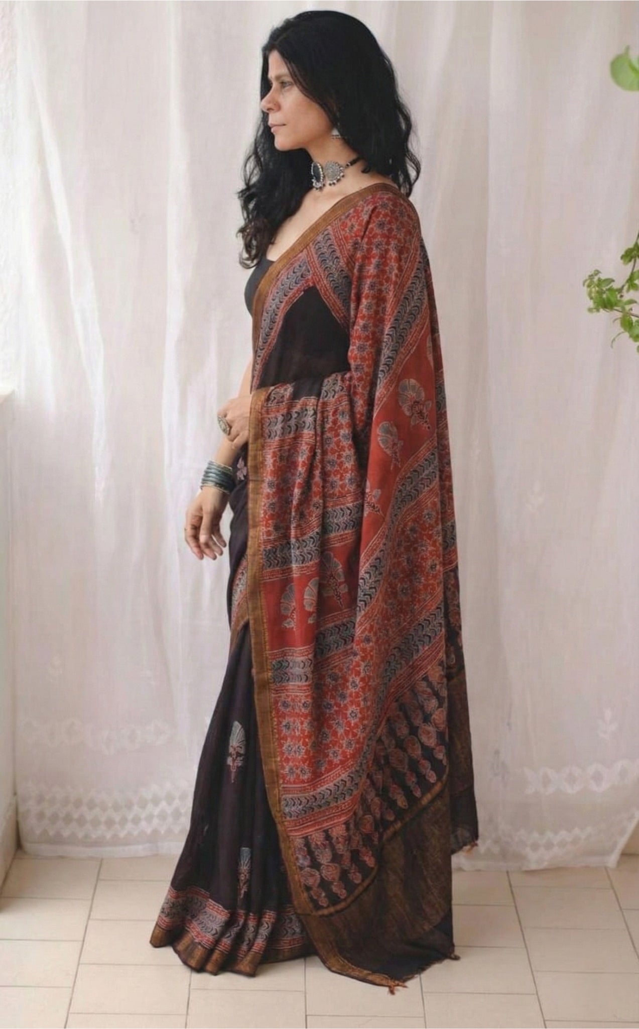 Dark Blue Mulmul Cotton Digital Print Saree with Banglori Blouse
