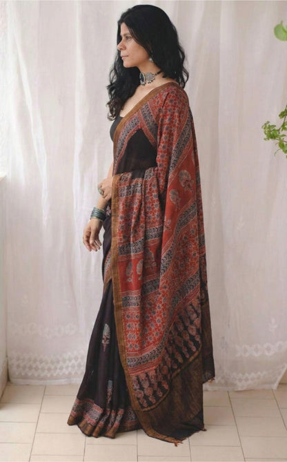 Dark Blue Mulmul Cotton Digital Print Saree with Banglori Blouse