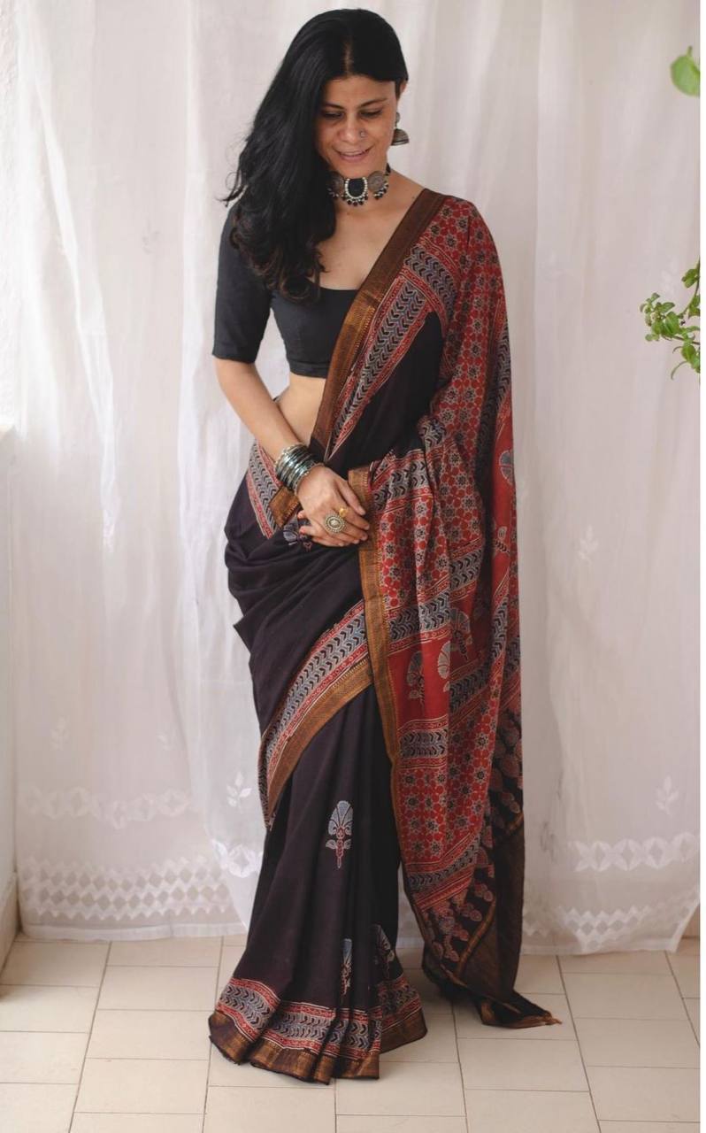 Dark Blue Mulmul Cotton Digital Print Saree with Banglori Blouse