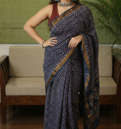 Dark Blue Mulmul Cotton Digital Print Saree with Banglori Blouse