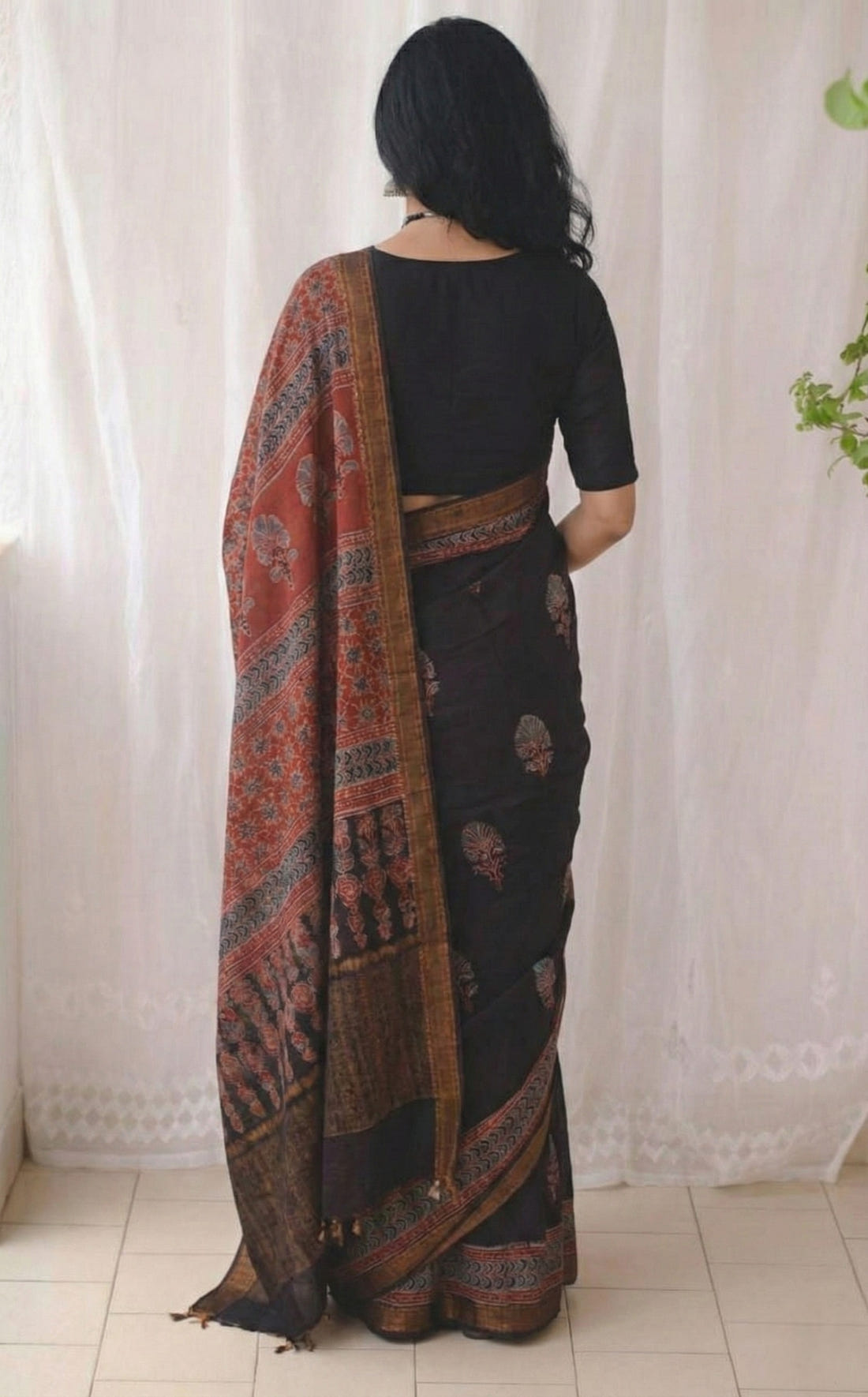 Dark Blue Mulmul Cotton Digital Print Saree with Banglori Blouse