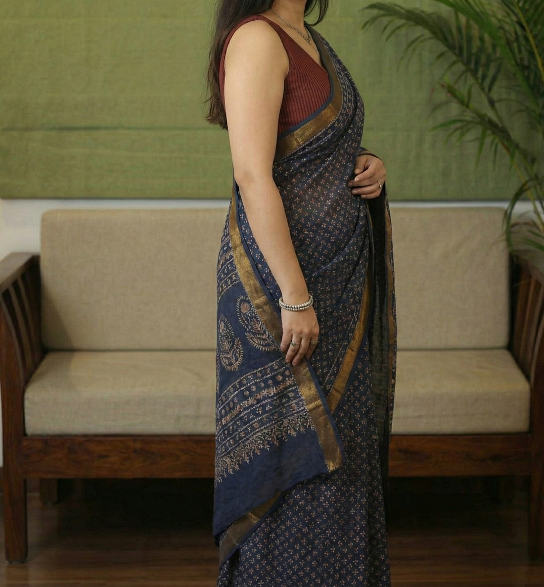 Dark Blue Mulmul Cotton Digital Print Saree with Banglori Blouse