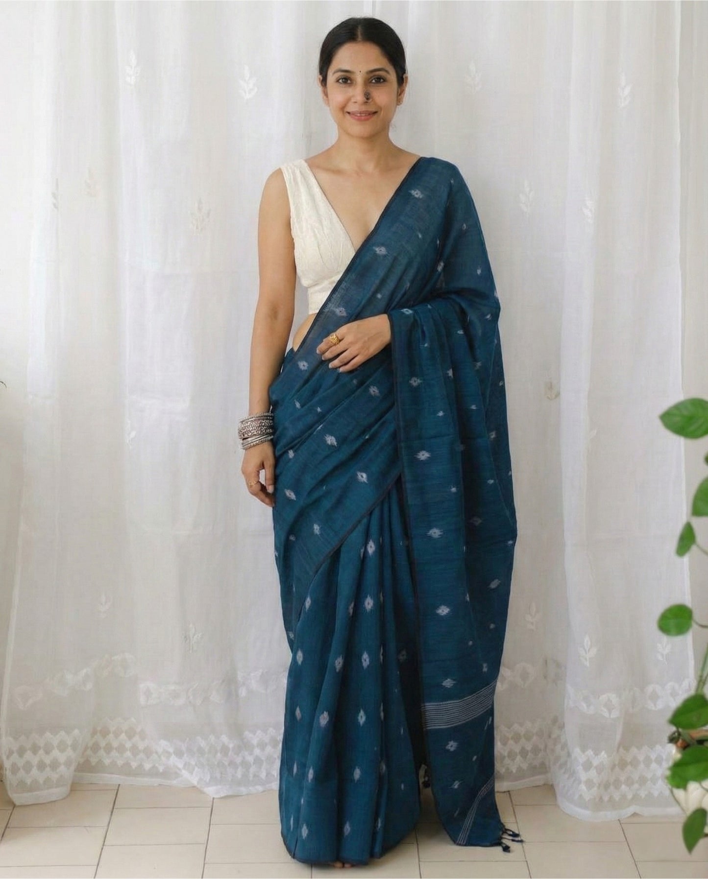 Dark Blue Soft Mulmul Cotton Digital Print Saree with Banglori Blouse