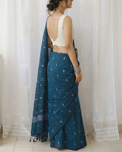 Dark Blue Soft Mulmul Cotton Digital Print Saree with Banglori Blouse
