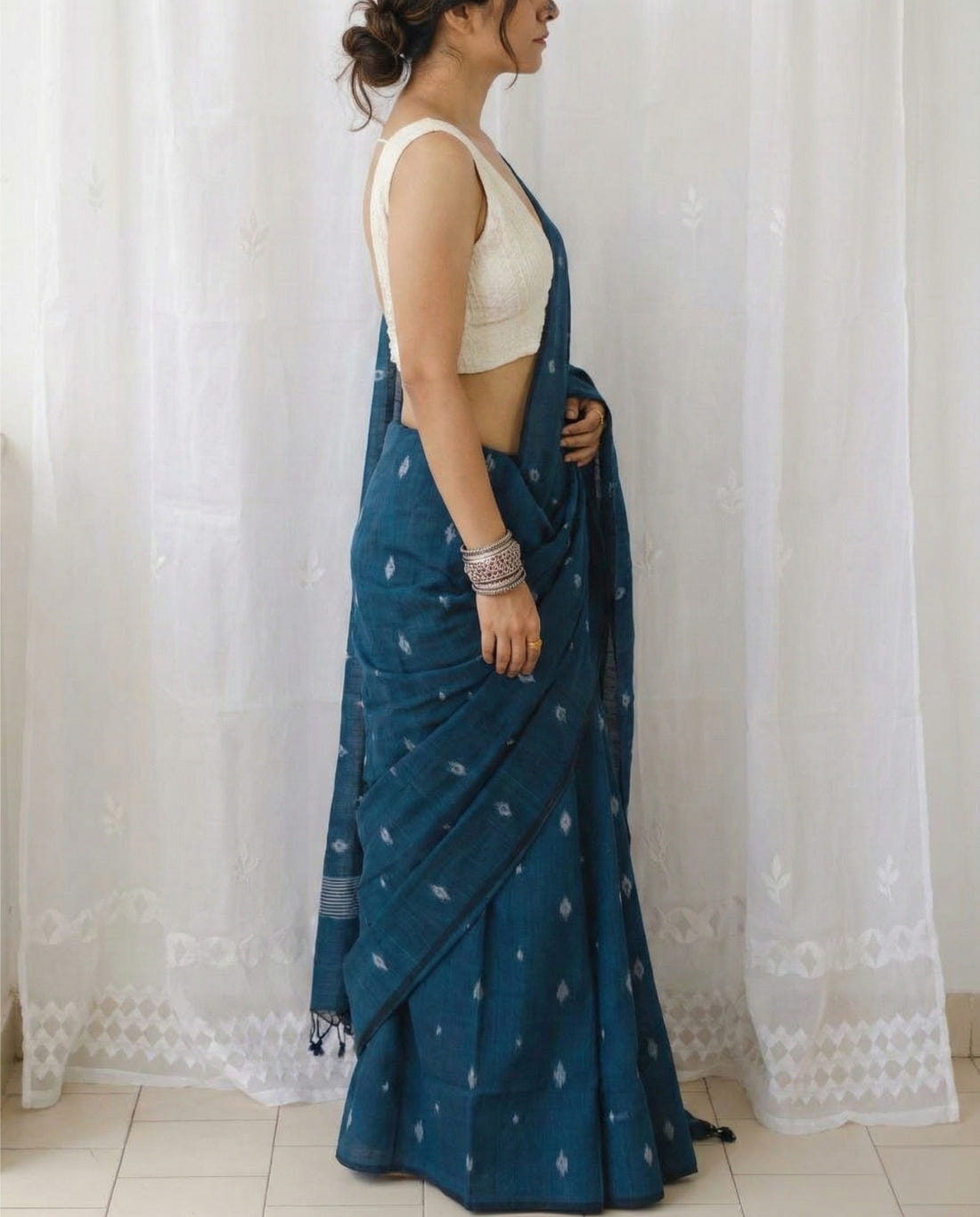 Dark Blue Soft Mulmul Cotton Digital Print Saree with Banglori Blouse