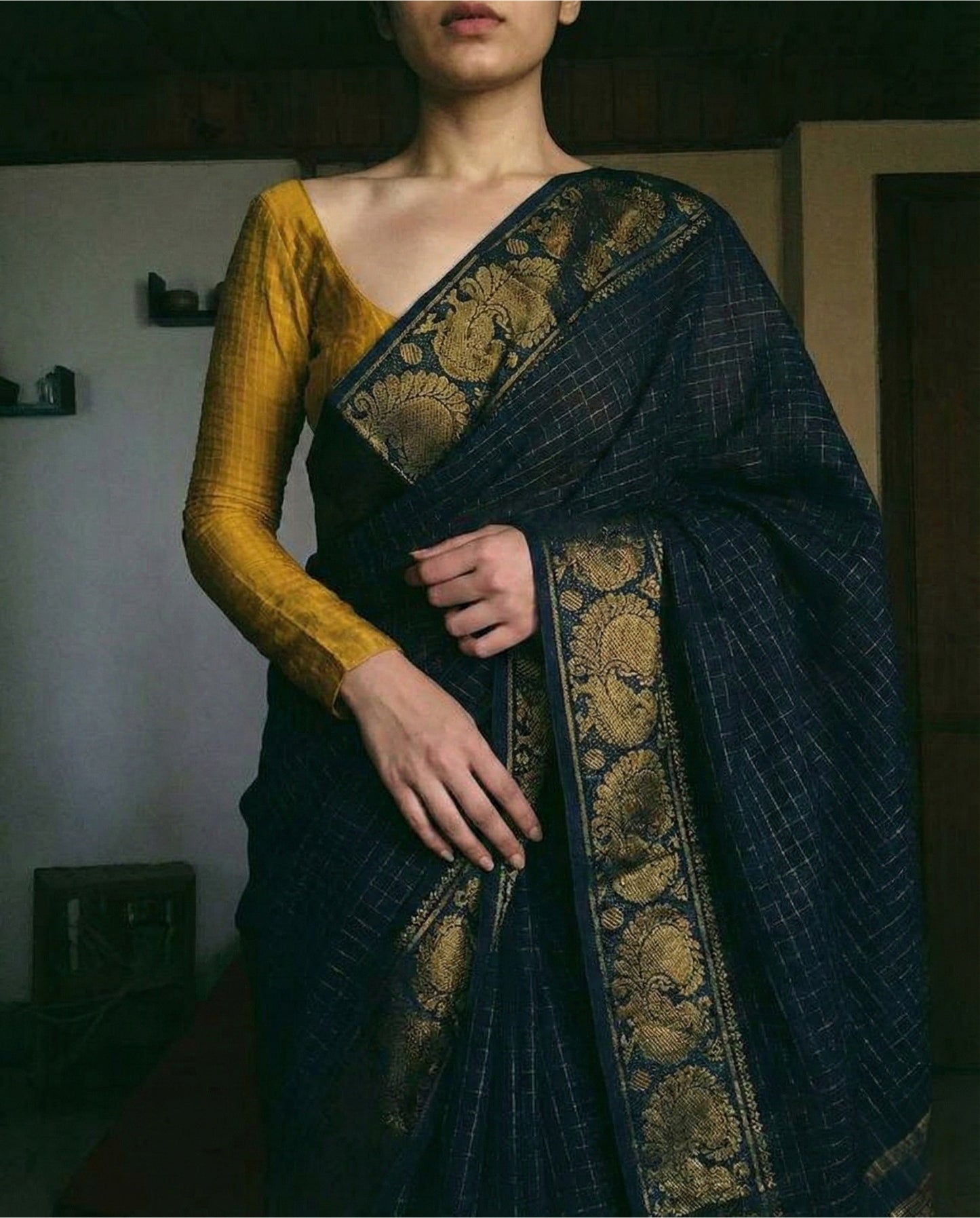 Dark Blue Traditional Kanchipuram Silk Saree with Rich Zari Weaving Border