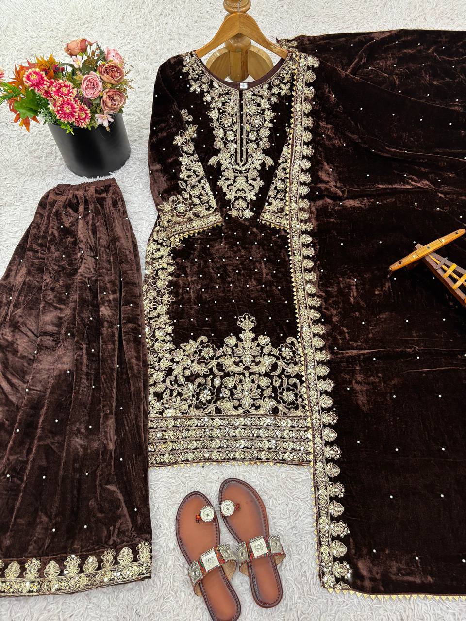 Dark Brown Designer Viscose Velvet Coding Top and Dupatta For Party Wear