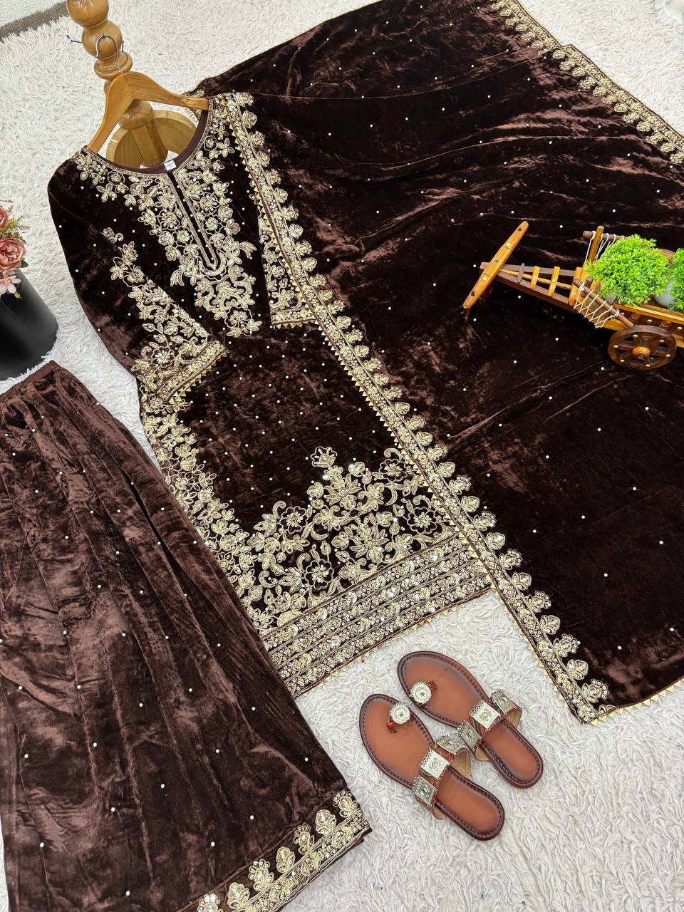 Dark Brown Designer Viscose Velvet Coding Top and Dupatta For Party Wear