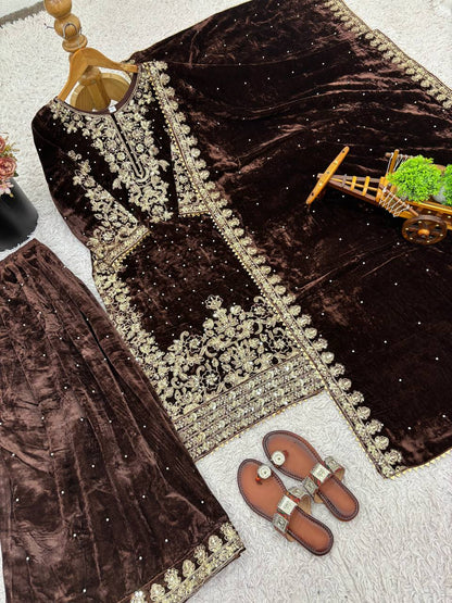 Dark Brown Designer Viscose Velvet Coding Top and Dupatta For Party Wear