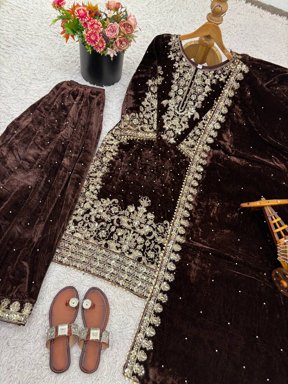 Dark Brown Designer Viscose Velvet Coding Top and Dupatta For Party Wear