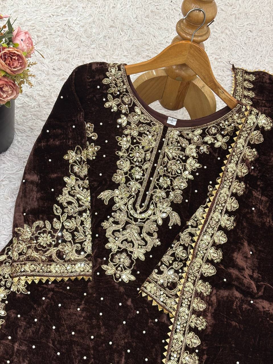Dark Brown Designer Viscose Velvet Coding Top and Dupatta For Party Wear