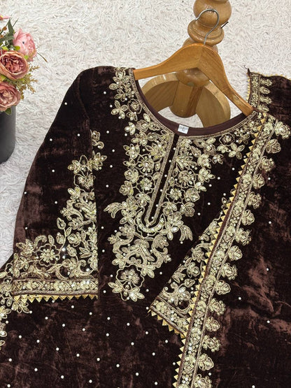 Dark Brown Designer Viscose Velvet Coding Top and Dupatta For Party Wear