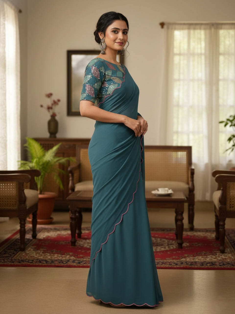 Dark Gray Smooth Georgette Saree with Aari Border & Embroidery Blouse