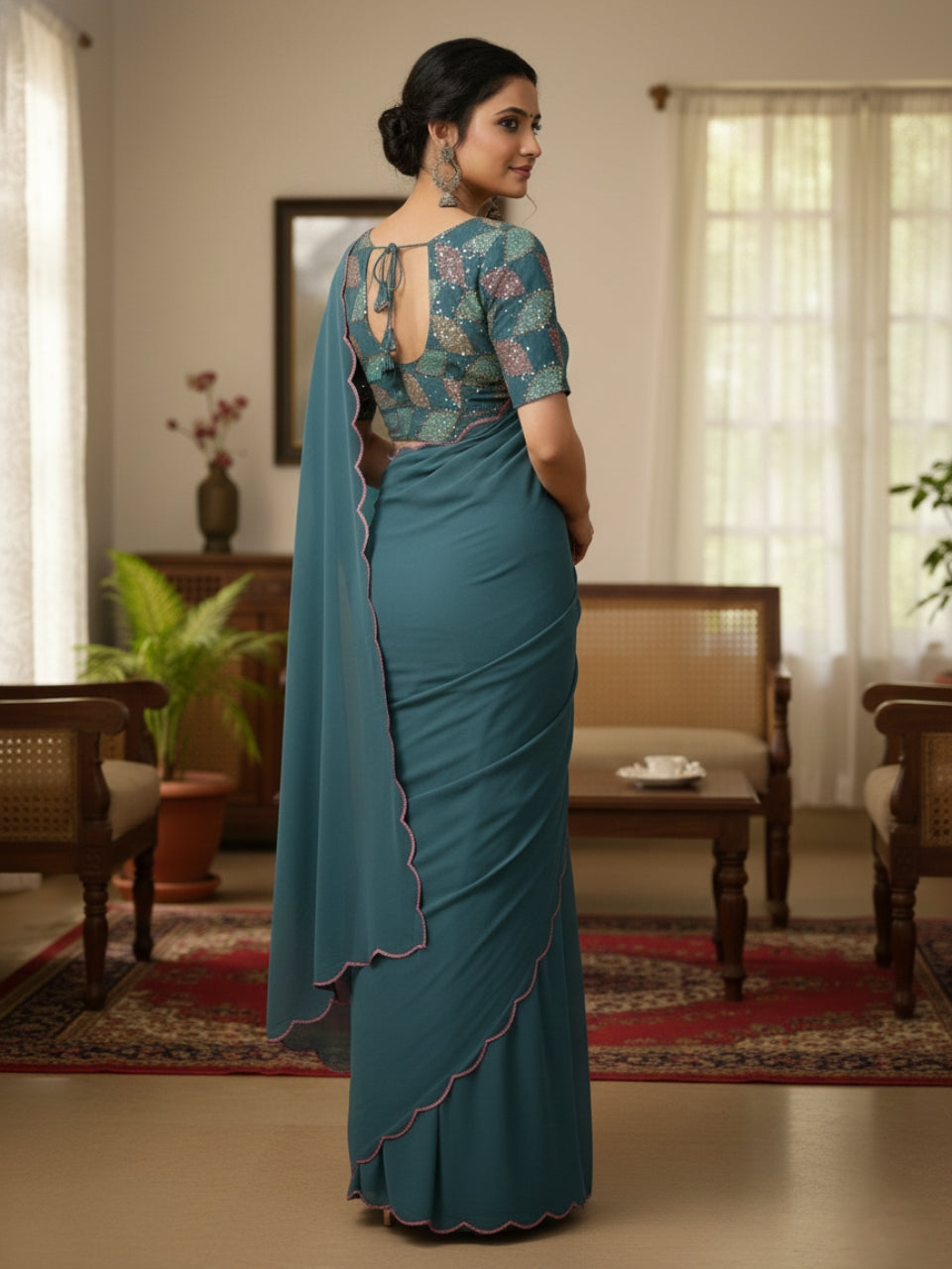 Dark Gray Smooth Georgette Saree with Aari Border & Embroidery Blouse