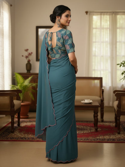 Dark Gray Smooth Georgette Saree with Aari Border & Embroidery Blouse
