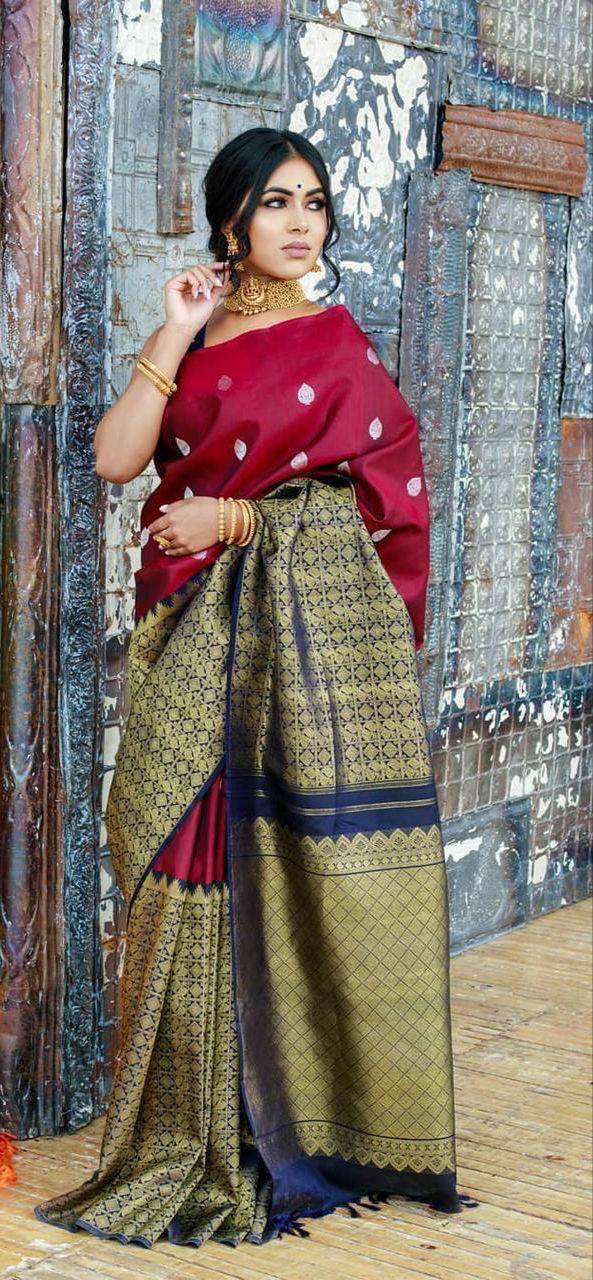 Dark Maroon & Blue Traditional Kanchipuram Silk Saree with Weaving Pallu