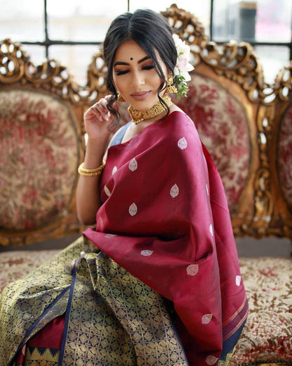 Dark Maroon & Blue Traditional Kanchipuram Silk Saree with Weaving Pallu