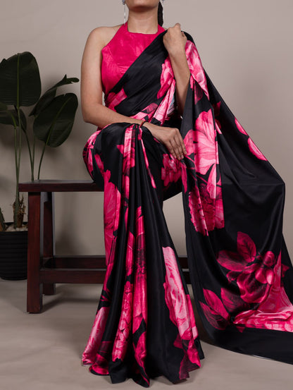 Dark Pink Floral Satin Silk Printed Saree with Banglory Blouse