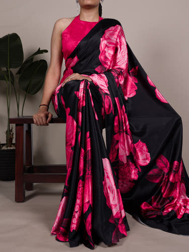 Dark Pink Floral Satin Silk Printed Saree with Banglory Blouse