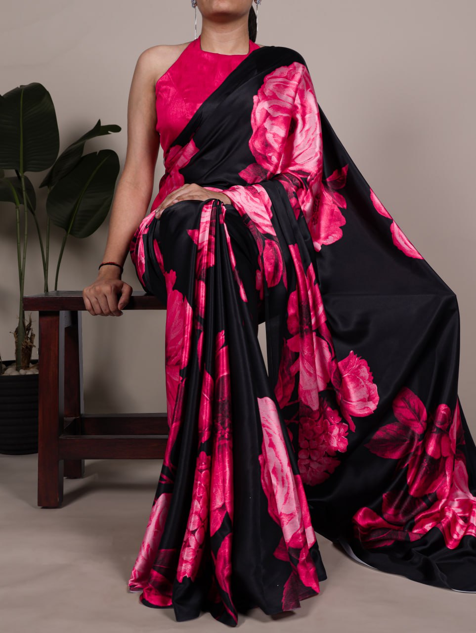 Dark Pink Floral Satin Silk Printed Saree with Banglory Blouse