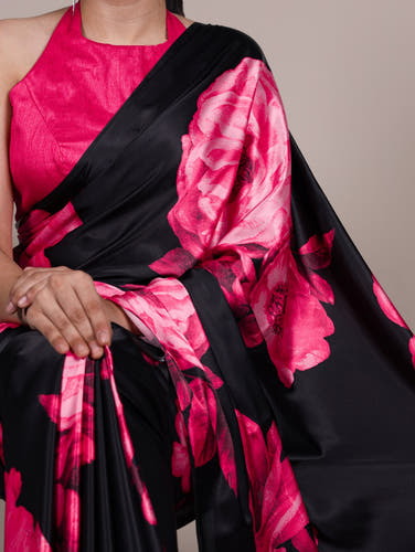 Dark Pink Floral Satin Silk Printed Saree with Banglory Blouse